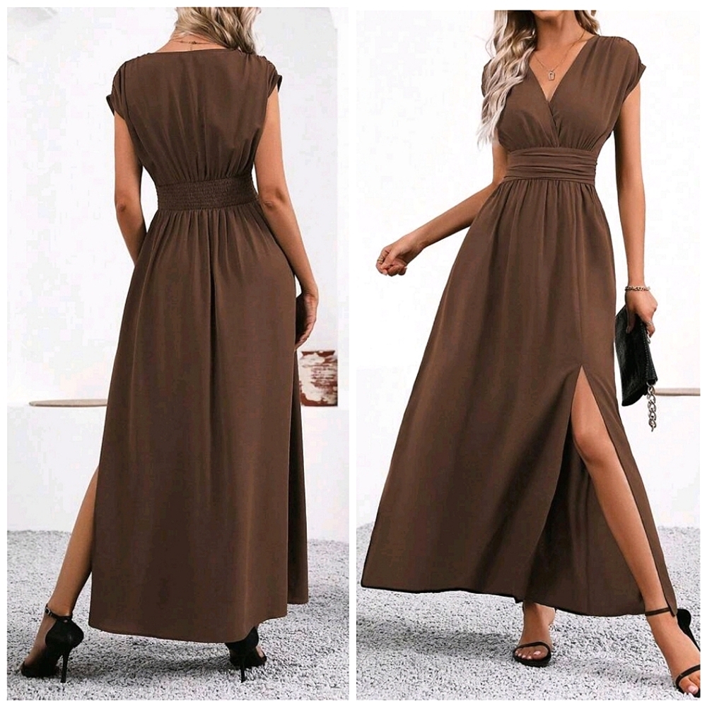 * New Flowy Ruched Waist Split Maxi Dress Dolman Short Sleeve Brown